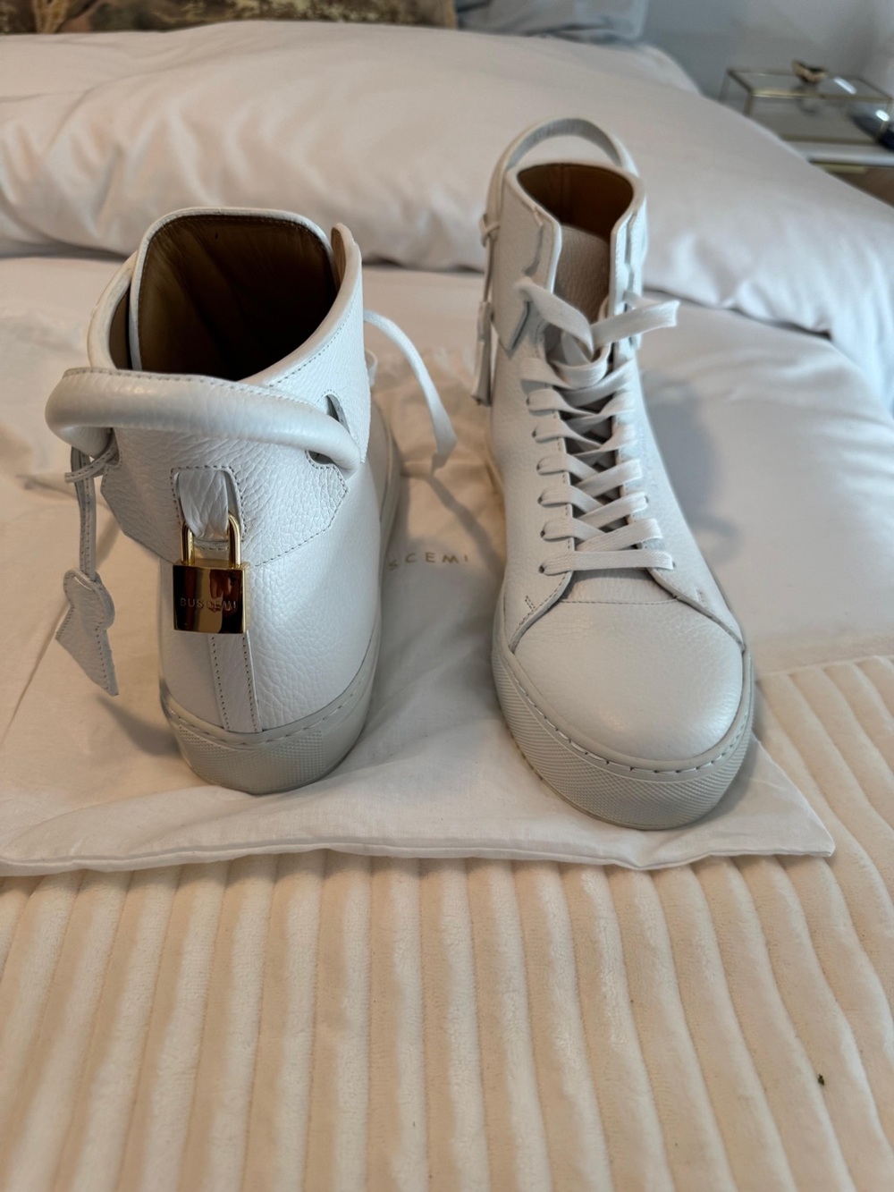 Buscemi 100 MM White Leather High-Tops with Gold Padlock